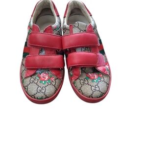 Gucci Kids Red Floral GG Velcro Sneakers with Green Stripe